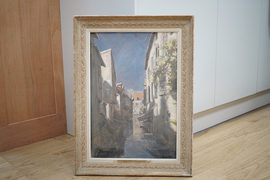 Mid 20th century, French oil on board, ‘Montargis, Rue Sur L'eau’, indistinctly signed lower right, 54 x 36cm. Condition - fair to good